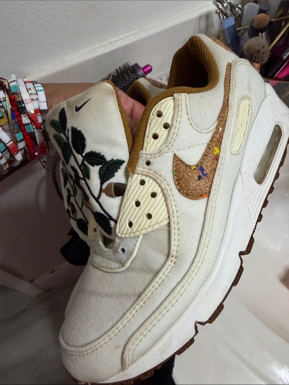 Kids White and Brown Floral Accent Athletic Sneakers